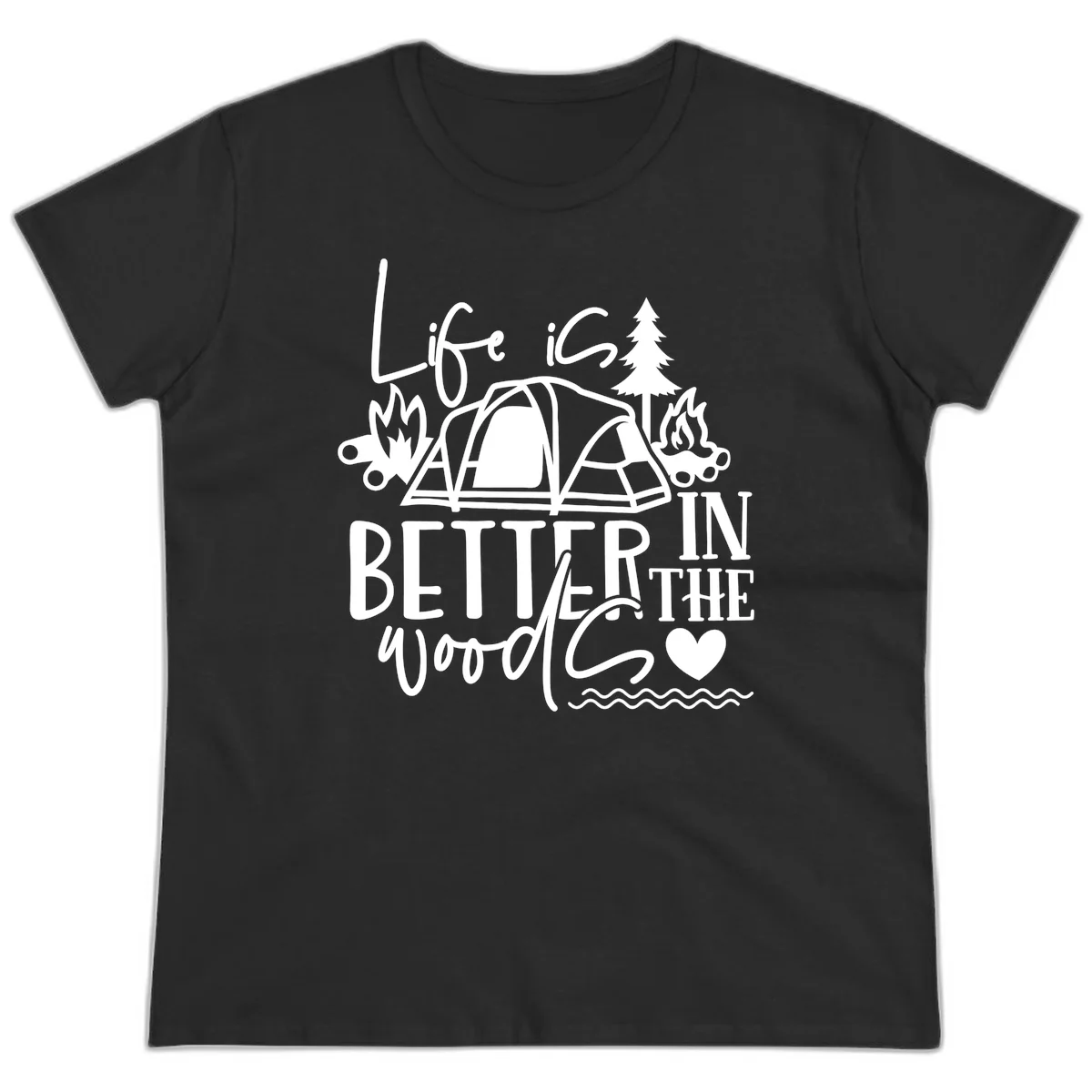 White line art design reading 'Life is better in the woods' with tent, campfires, pine tree, and heart illustrations on gray background in Black
