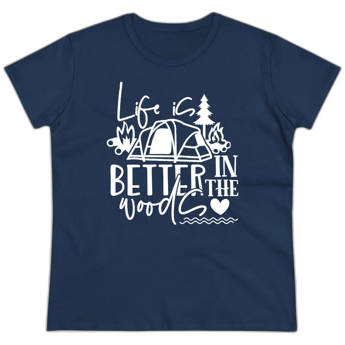 White line art design reading 'Life is better in the woods' with tent, campfires, pine tree, and heart illustrations on gray background in Navy