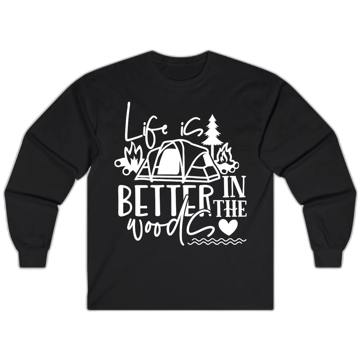 White line art design reading 'Life is better in the woods' with tent, campfires, pine tree, and heart illustrations on gray background in Black