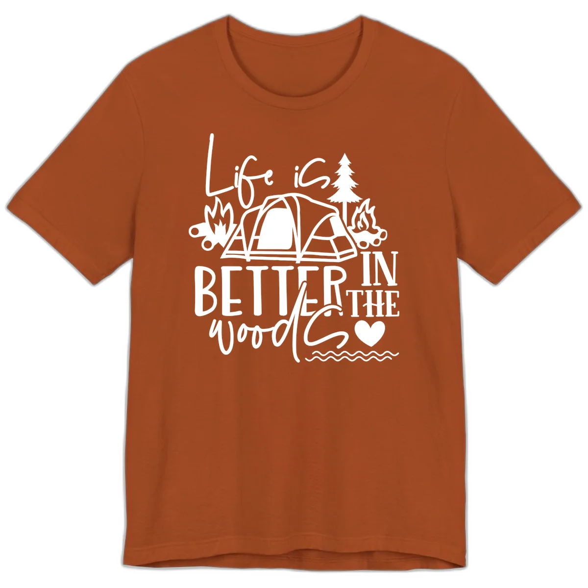 White line art design reading 'Life is better in the woods' with tent, campfires, pine tree, and heart illustrations on gray background in Autumn