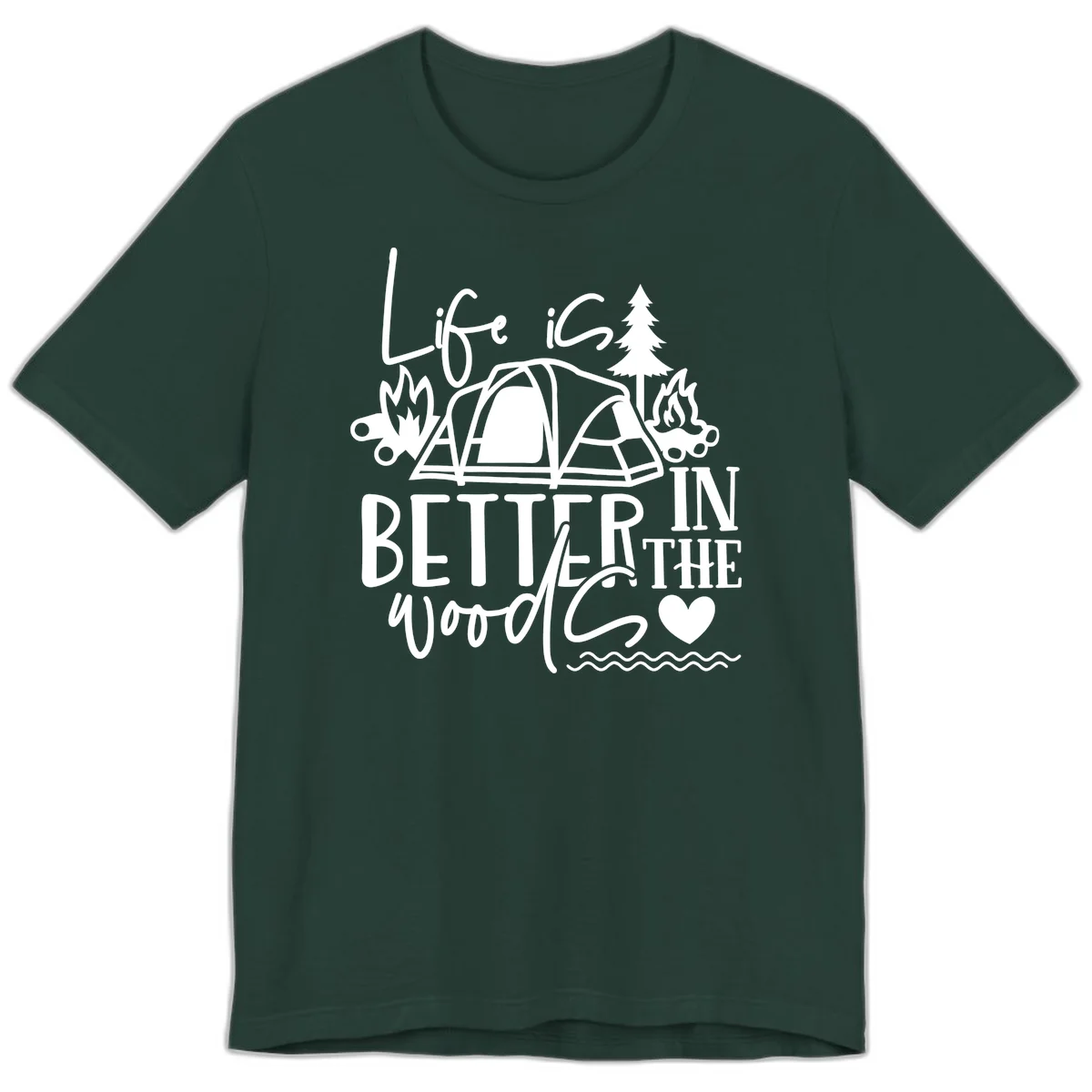 White line art design reading 'Life is better in the woods' with tent, campfires, pine tree, and heart illustrations on gray background in Forest