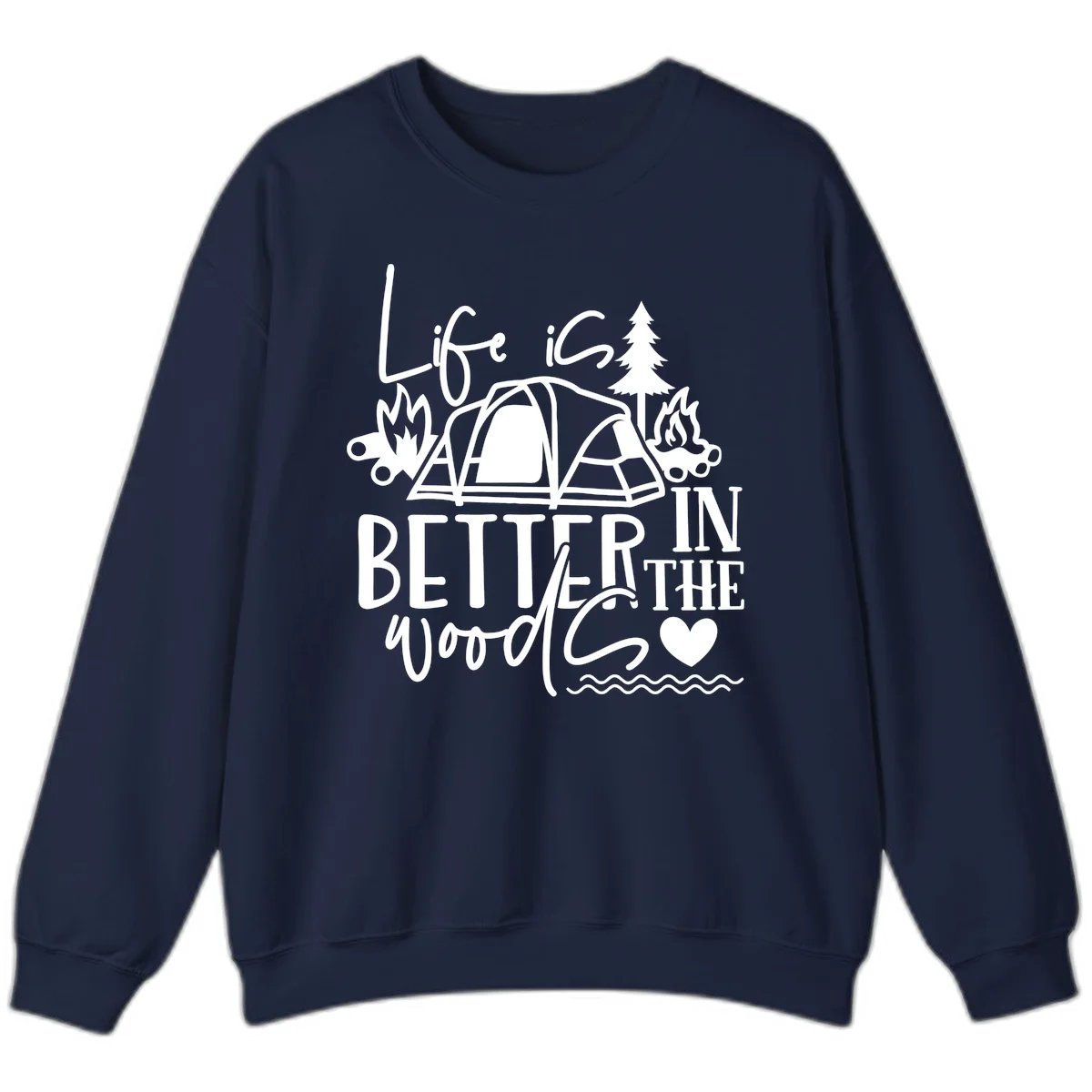 White line art design reading 'Life is better in the woods' with tent, campfires, pine tree, and heart illustrations on gray background in Navy