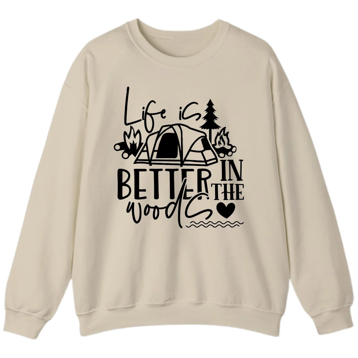 White line art design reading 'Life is better in the woods' with tent, campfires, pine tree, and heart illustrations on gray background in Sand