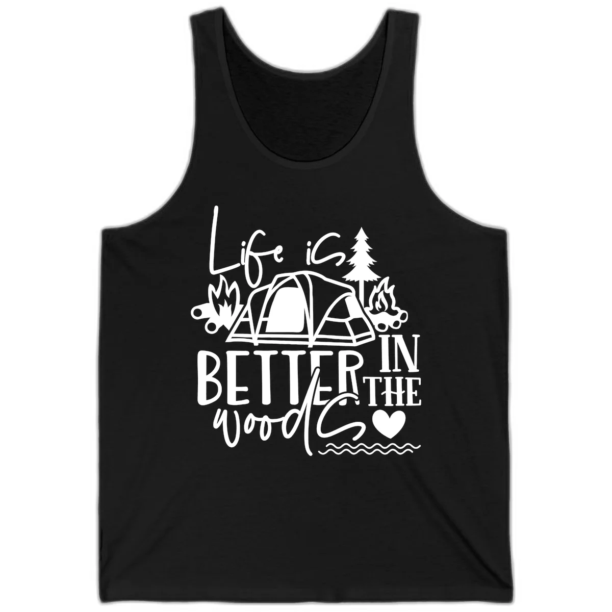 White line art design reading 'Life is better in the woods' with tent, campfires, pine tree, and heart illustrations on gray background in Black
