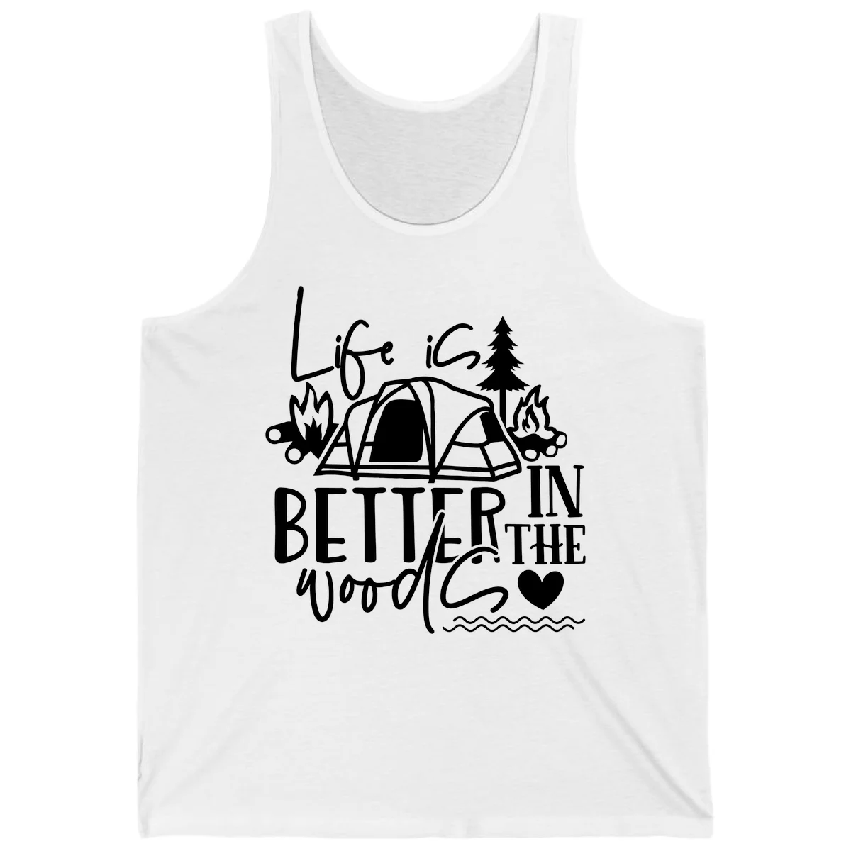 White line art design reading 'Life is better in the woods' with tent, campfires, pine tree, and heart illustrations on gray background in White