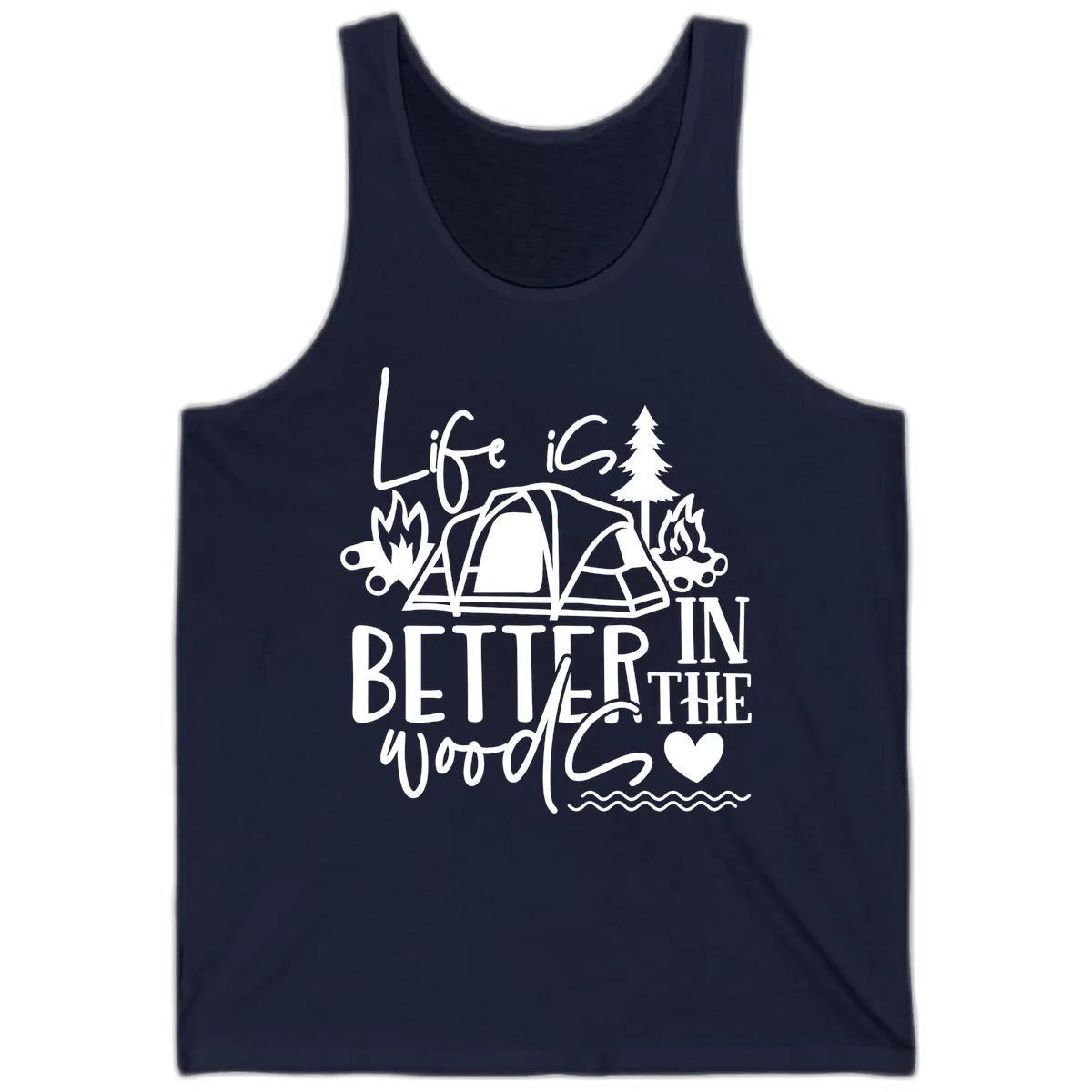 White line art design reading 'Life is better in the woods' with tent, campfires, pine tree, and heart illustrations on gray background in Navy