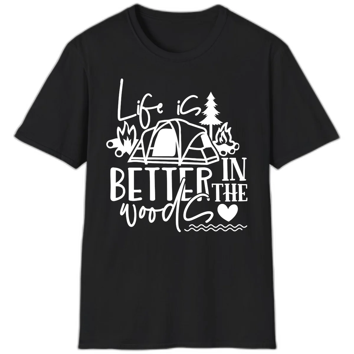 White line art design reading 'Life is better in the woods' with tent, campfires, pine tree, and heart illustrations on gray background in Black