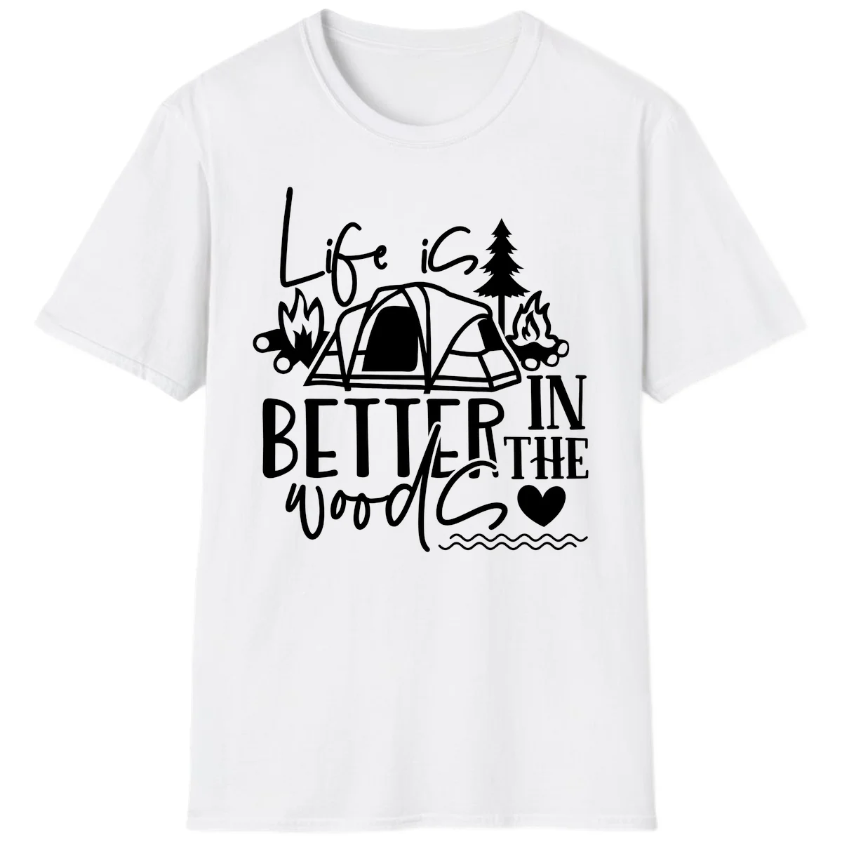 White line art design reading 'Life is better in the woods' with tent, campfires, pine tree, and heart illustrations on gray background in White