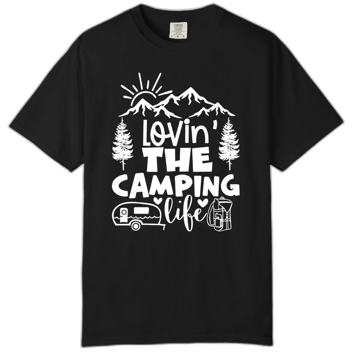 Lovin camping life design with mountains, sun, trees, RV and backpack on gray background in Black