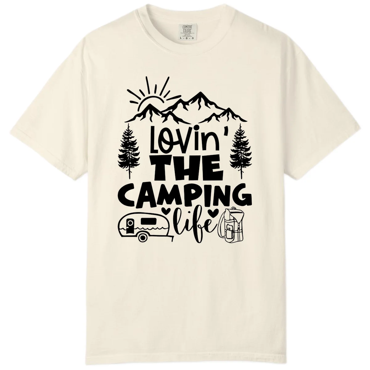 Lovin camping life design with mountains, sun, trees, RV and backpack on gray background in Ivory