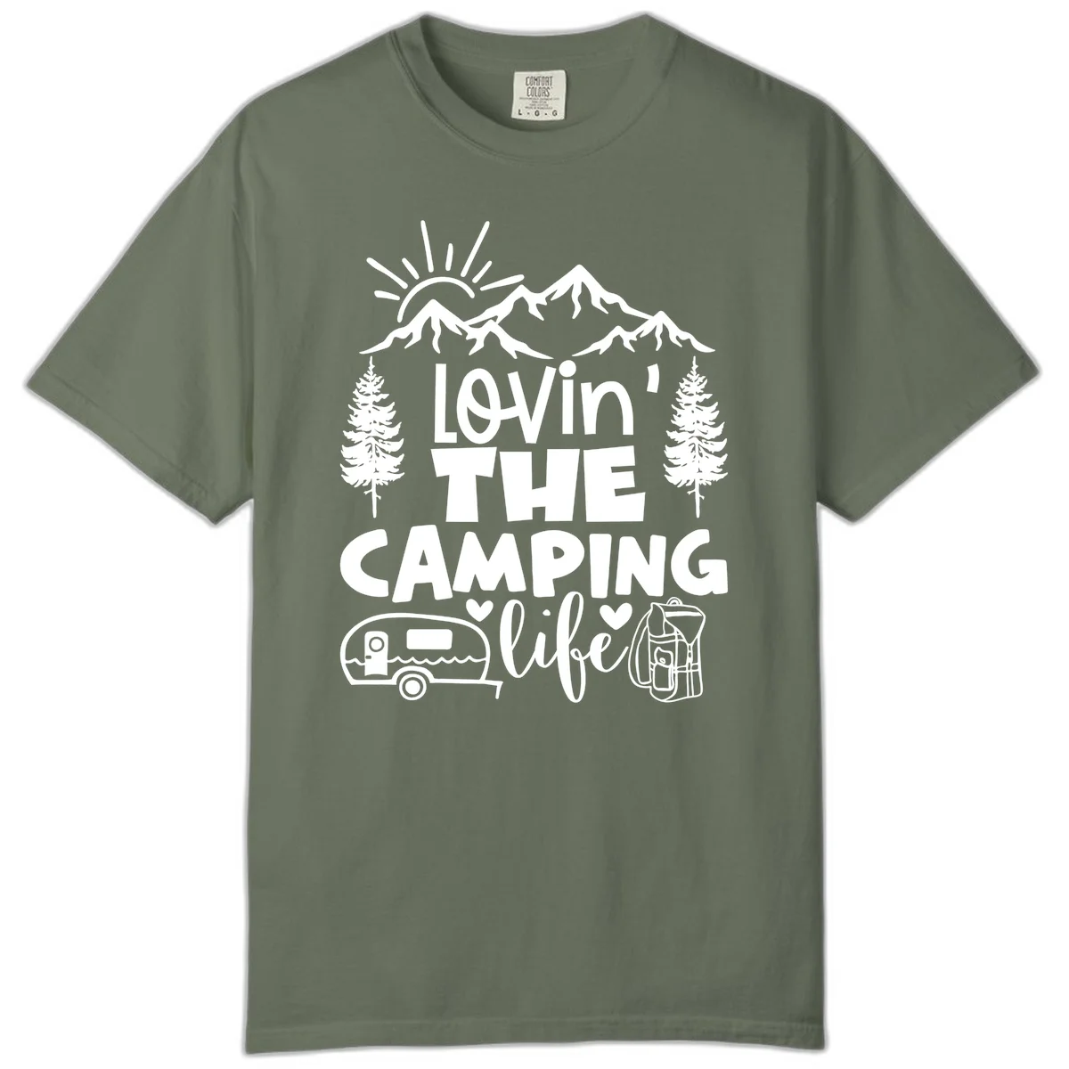 Lovin camping life design with mountains, sun, trees, RV and backpack on gray background in Moss