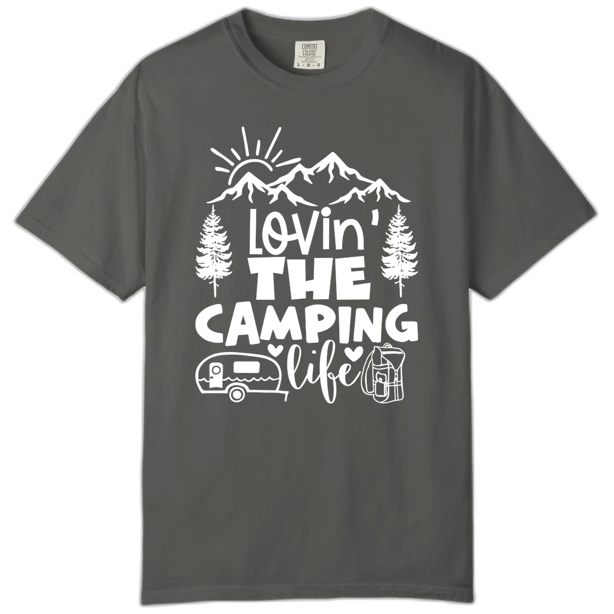 Lovin camping life design with mountains, sun, trees, RV and backpack on gray background in Pepper