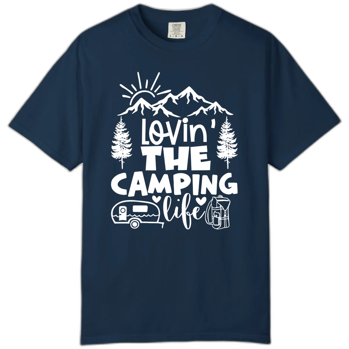 Lovin camping life design with mountains, sun, trees, RV and backpack on gray background in True Navy