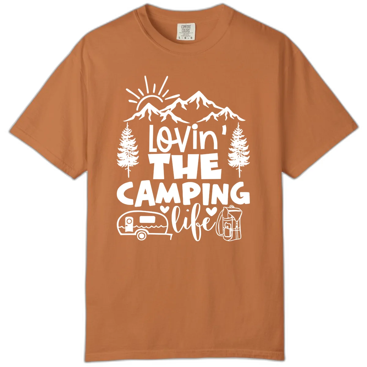 Lovin camping life design with mountains, sun, trees, RV and backpack on gray background in Yam