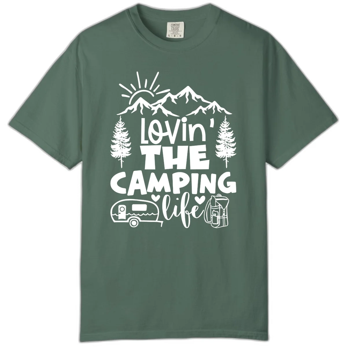Lovin camping life design with mountains, sun, trees, RV and backpack on gray background in Blue Spruce