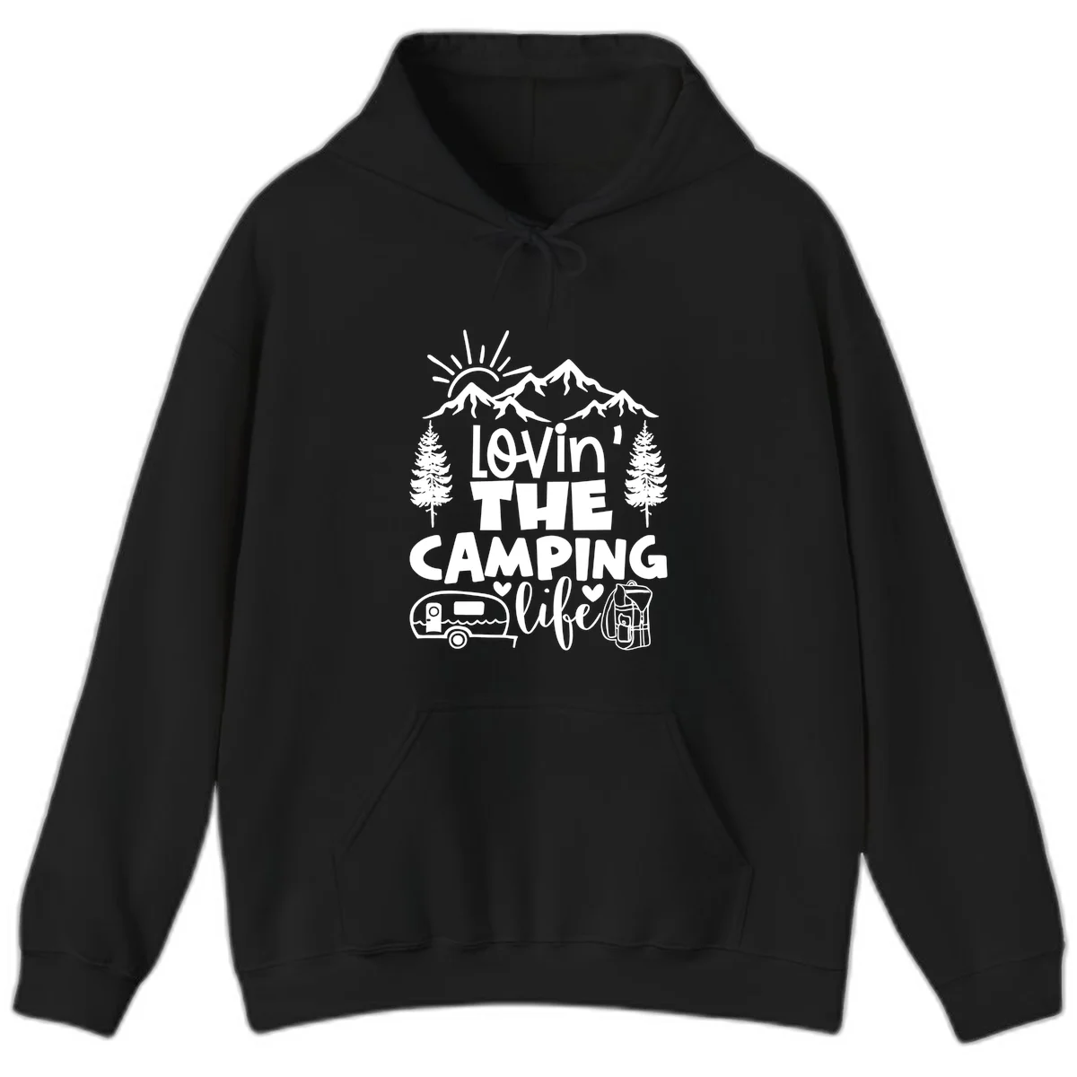 Lovin camping life design with mountains, sun, trees, RV and backpack on gray background in Black