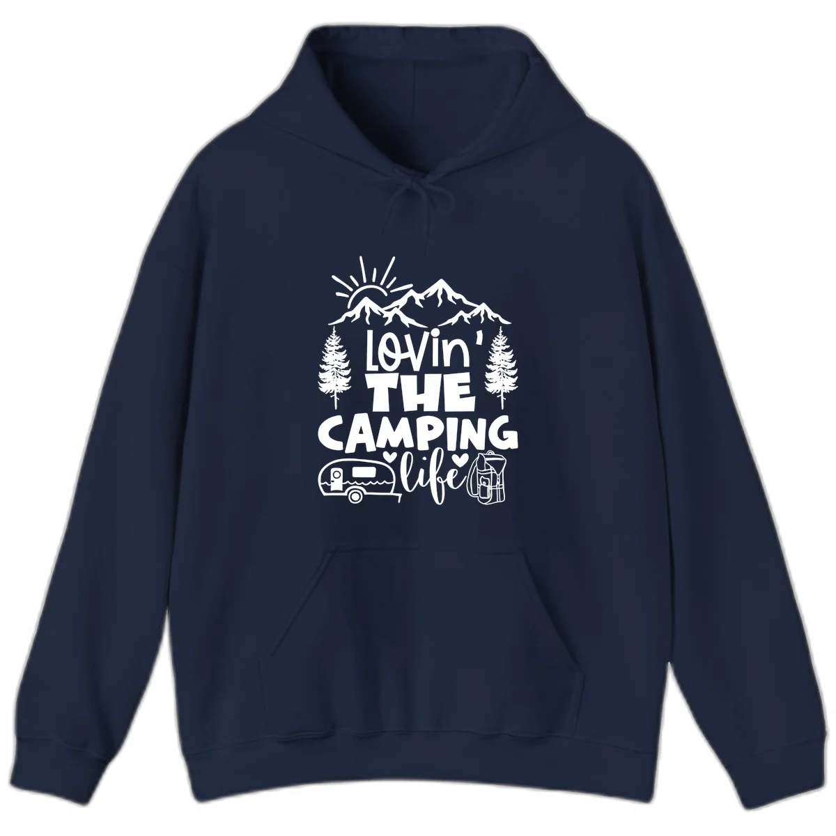 Lovin camping life design with mountains, sun, trees, RV and backpack on gray background in Navy