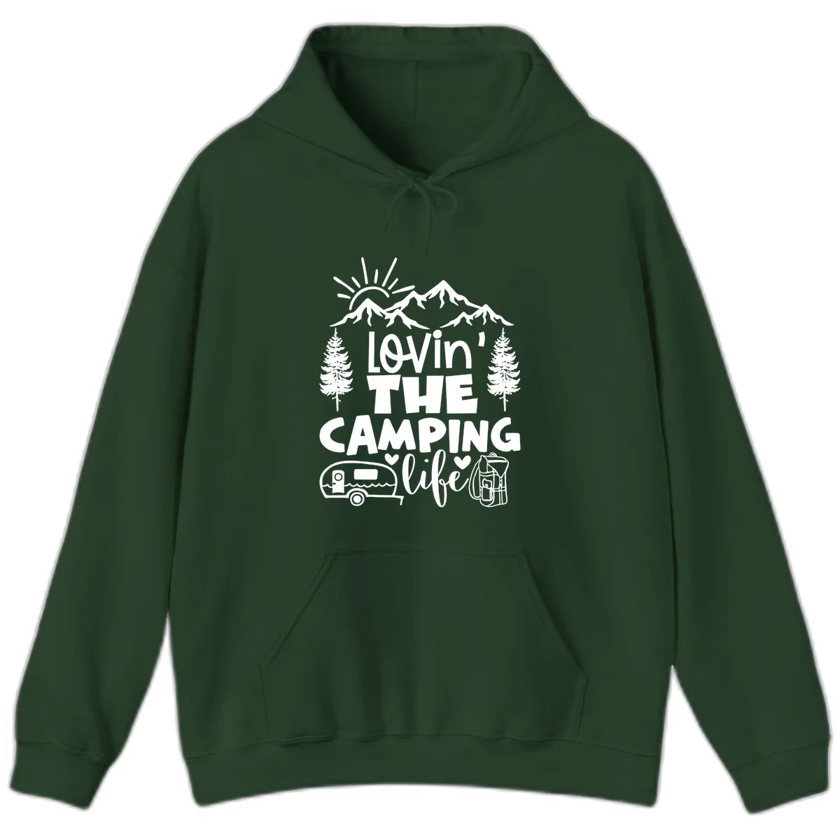 Lovin camping life design with mountains, sun, trees, RV and backpack on gray background in Forest Green