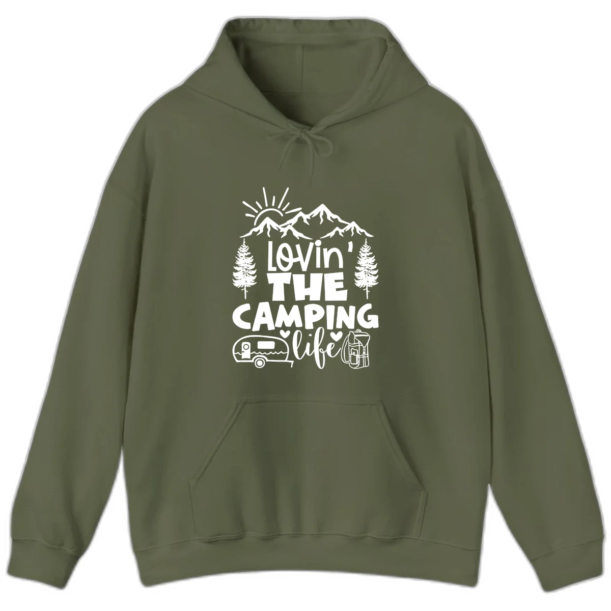 Lovin camping life design with mountains, sun, trees, RV and backpack on gray background in Military Green