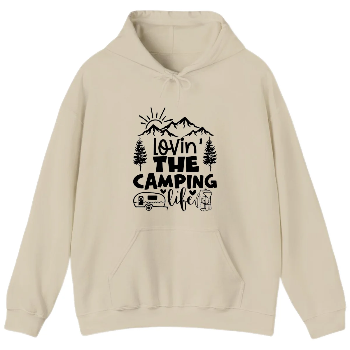 Lovin camping life design with mountains, sun, trees, RV and backpack on gray background in Sand