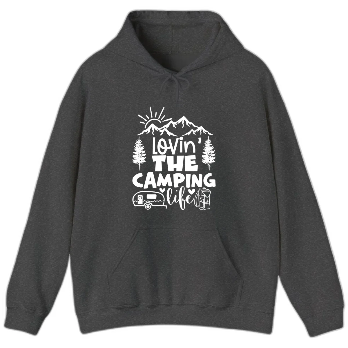 Lovin camping life design with mountains, sun, trees, RV and backpack on gray background in Dark Heather