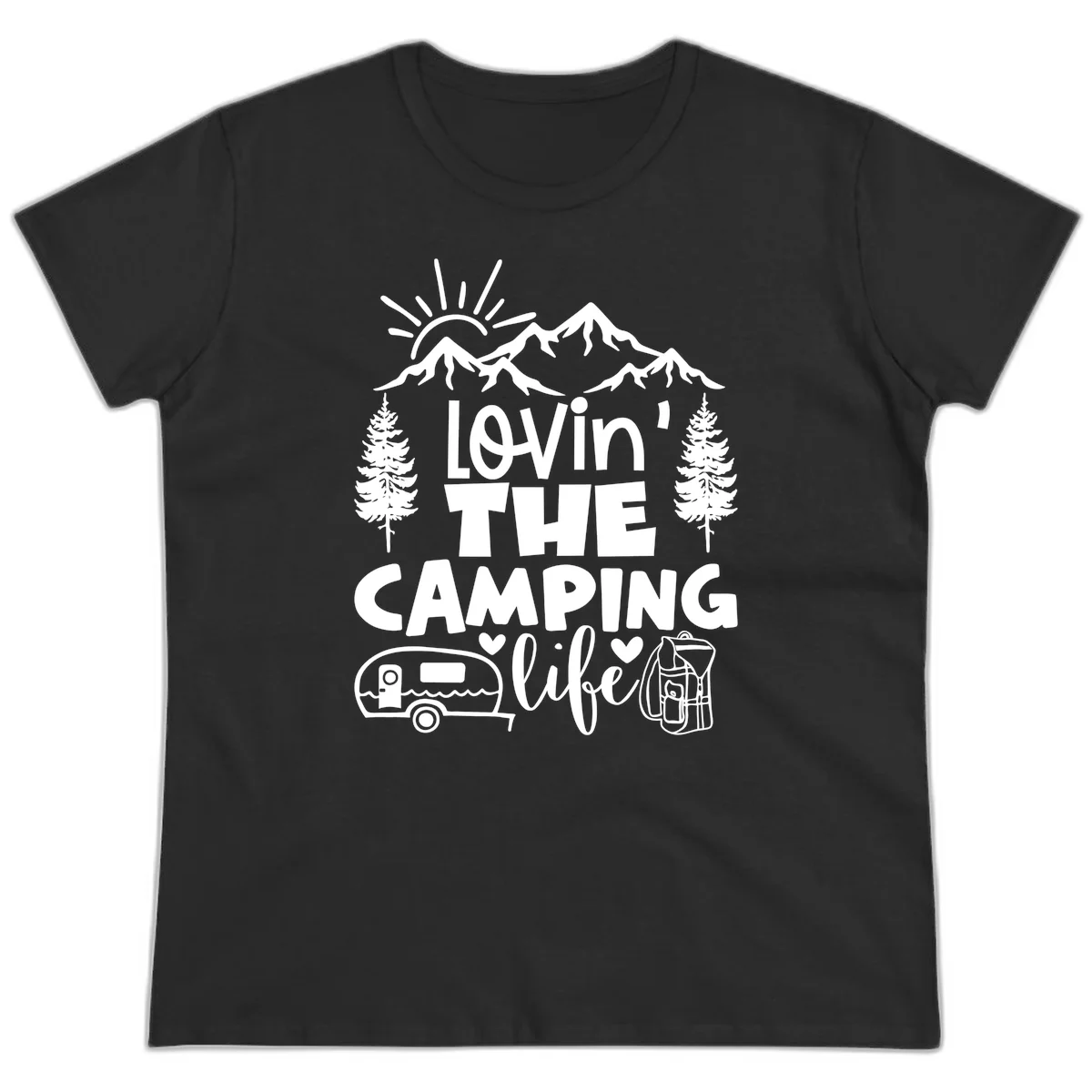 Lovin camping life design with mountains, sun, trees, RV and backpack on gray background in Black