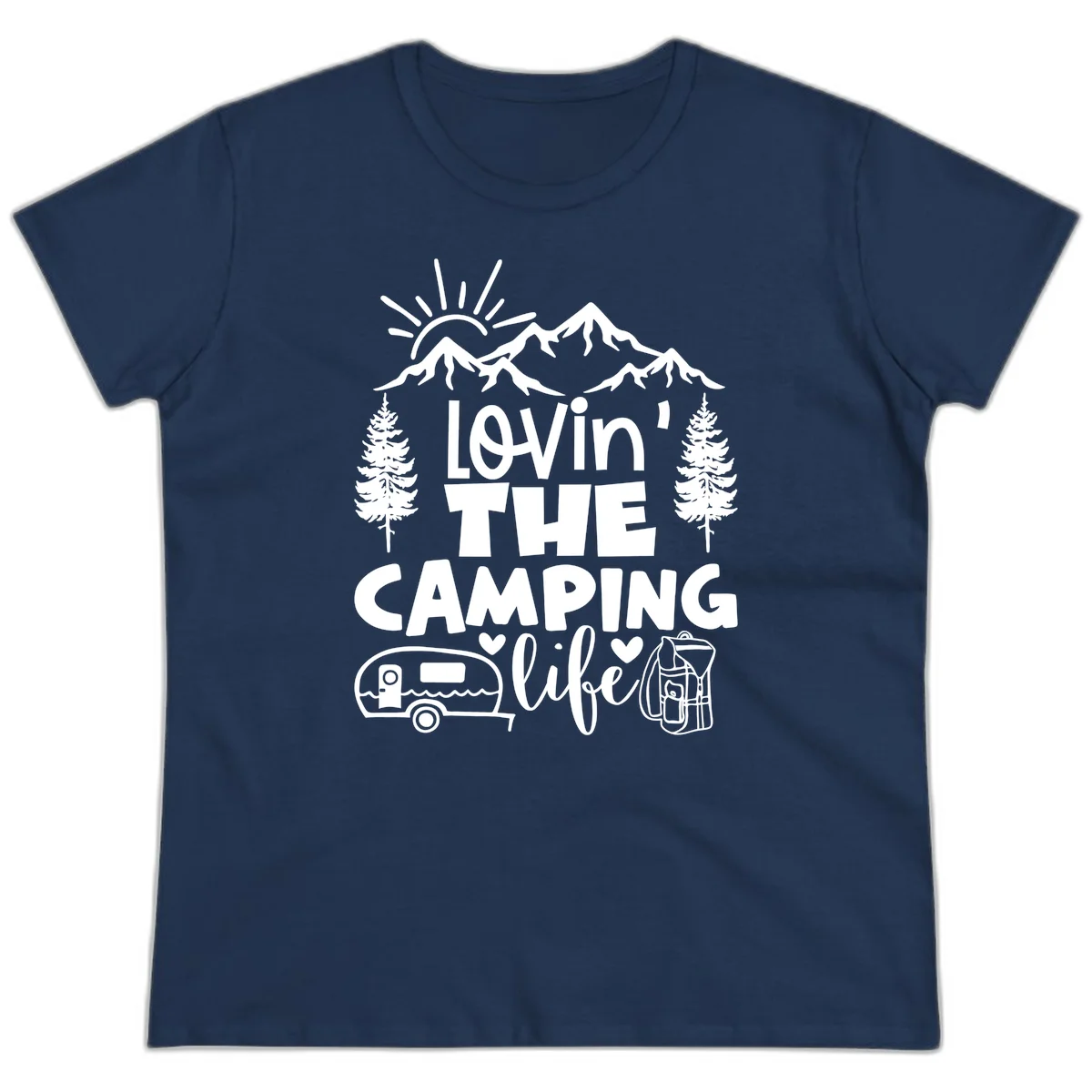 Lovin camping life design with mountains, sun, trees, RV and backpack on gray background in Navy