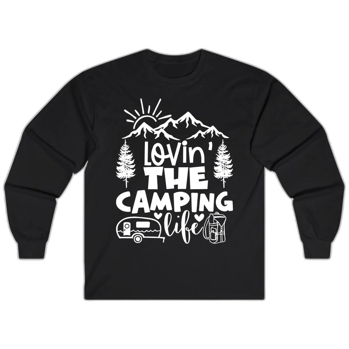 Lovin camping life design with mountains, sun, trees, RV and backpack on gray background in Black