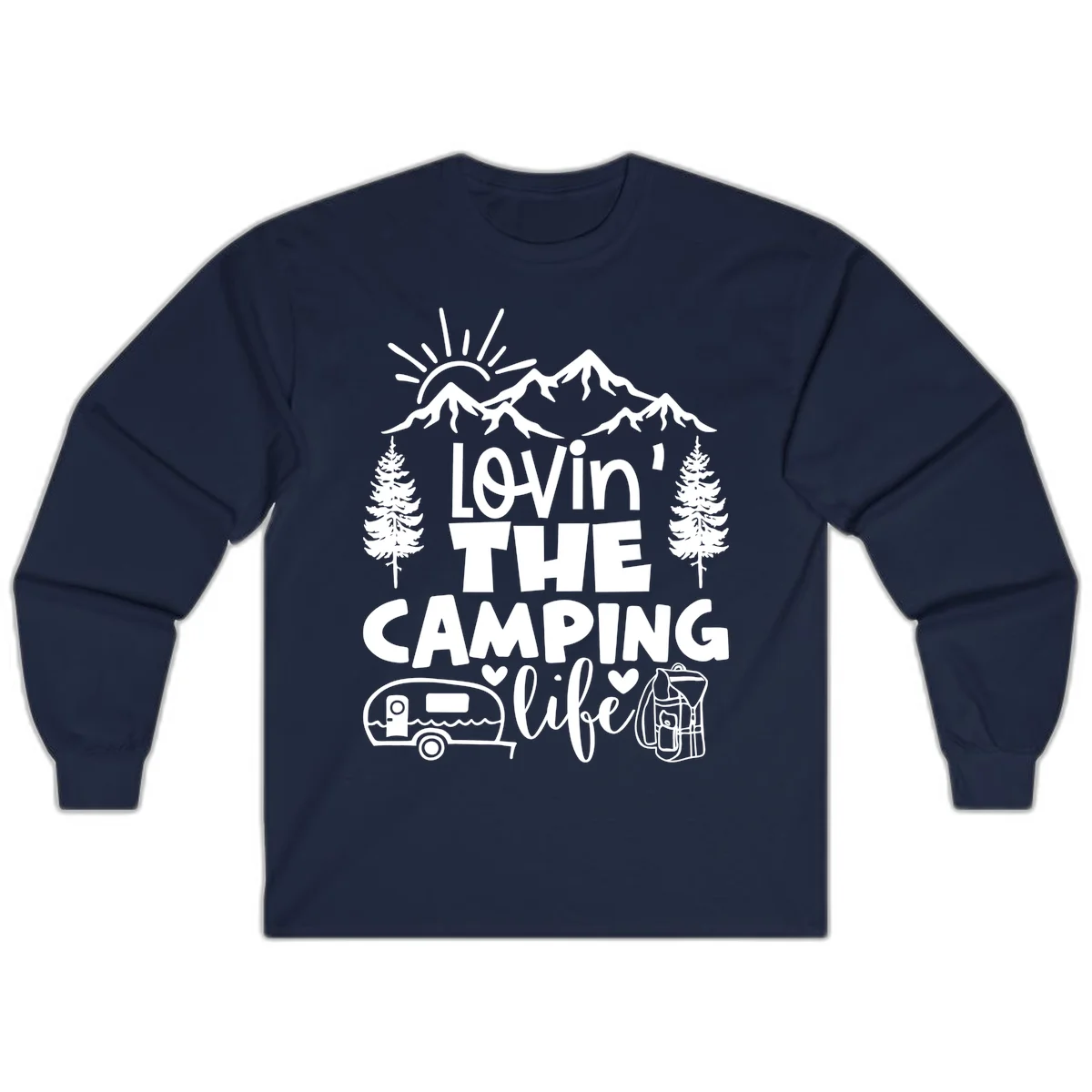 Lovin camping life design with mountains, sun, trees, RV and backpack on gray background in Navy