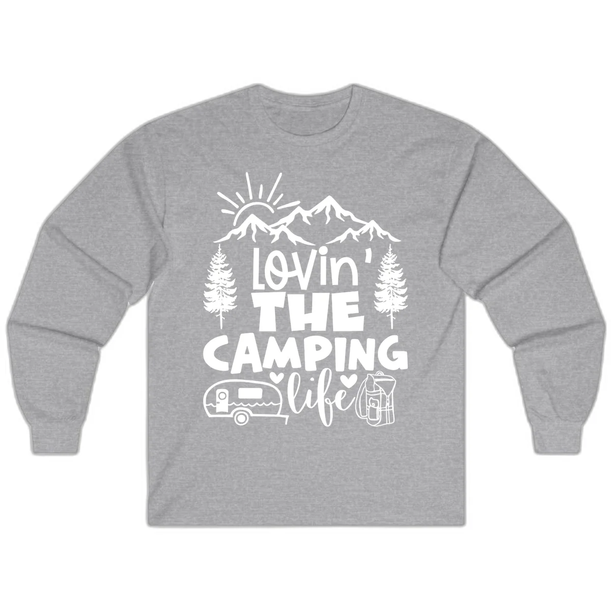 Lovin camping life design with mountains, sun, trees, RV and backpack on gray background in Sport Grey