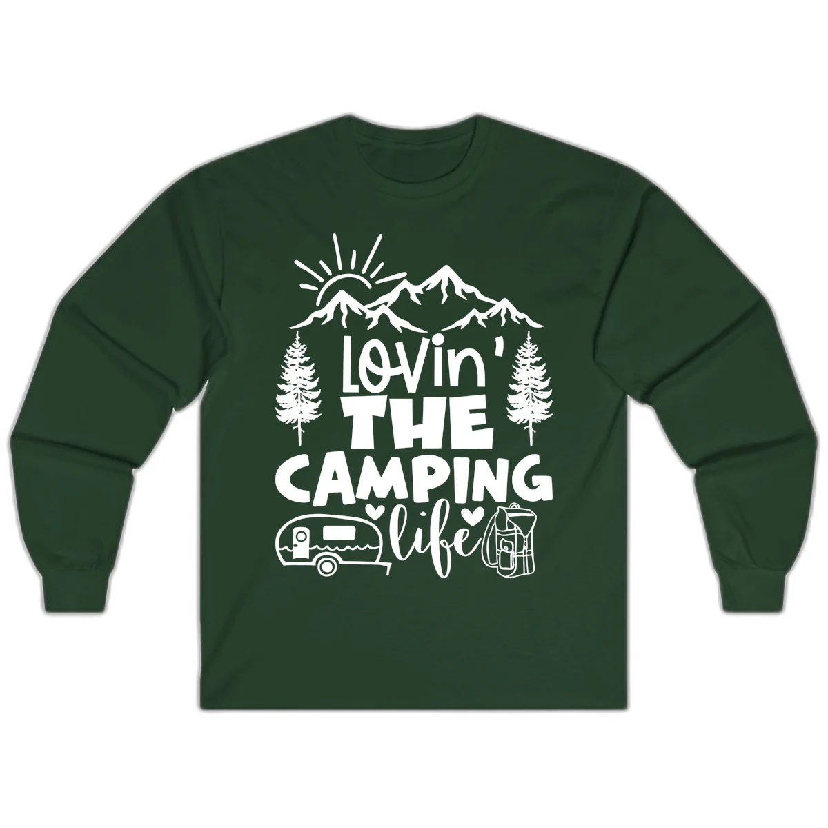 Lovin camping life design with mountains, sun, trees, RV and backpack on gray background in Forest Green