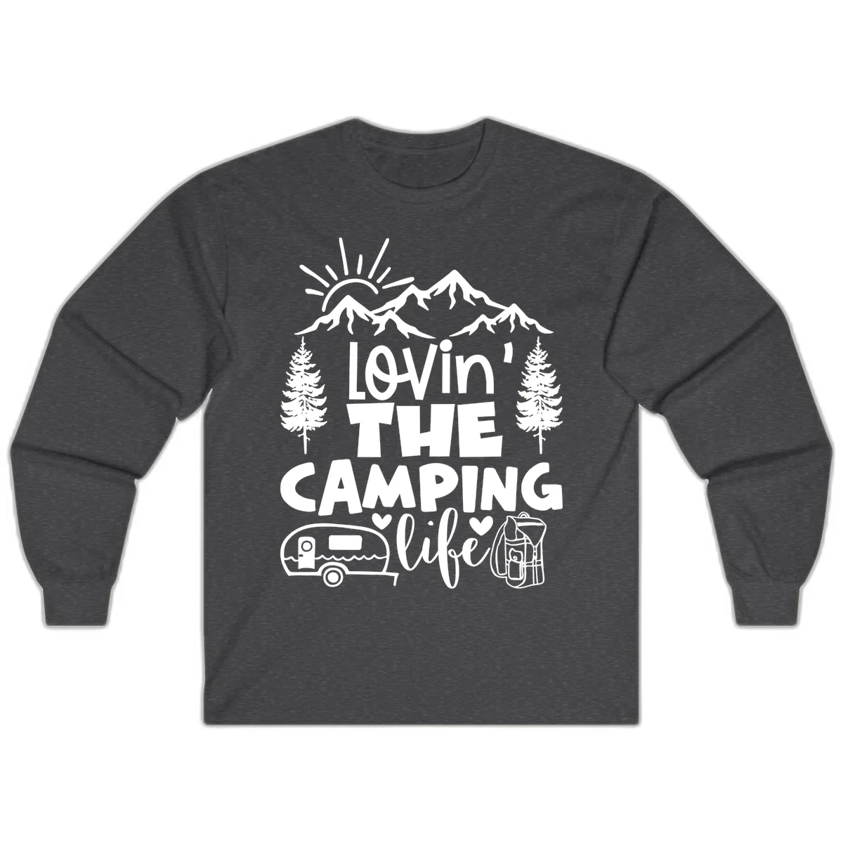 Lovin camping life design with mountains, sun, trees, RV and backpack on gray background in Dark Heather