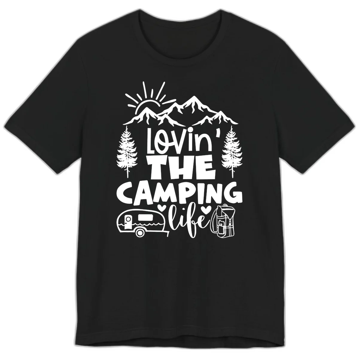 Lovin camping life design with mountains, sun, trees, RV and backpack on gray background in Black