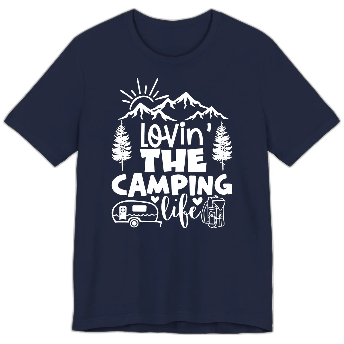 Lovin camping life design with mountains, sun, trees, RV and backpack on gray background in Navy
