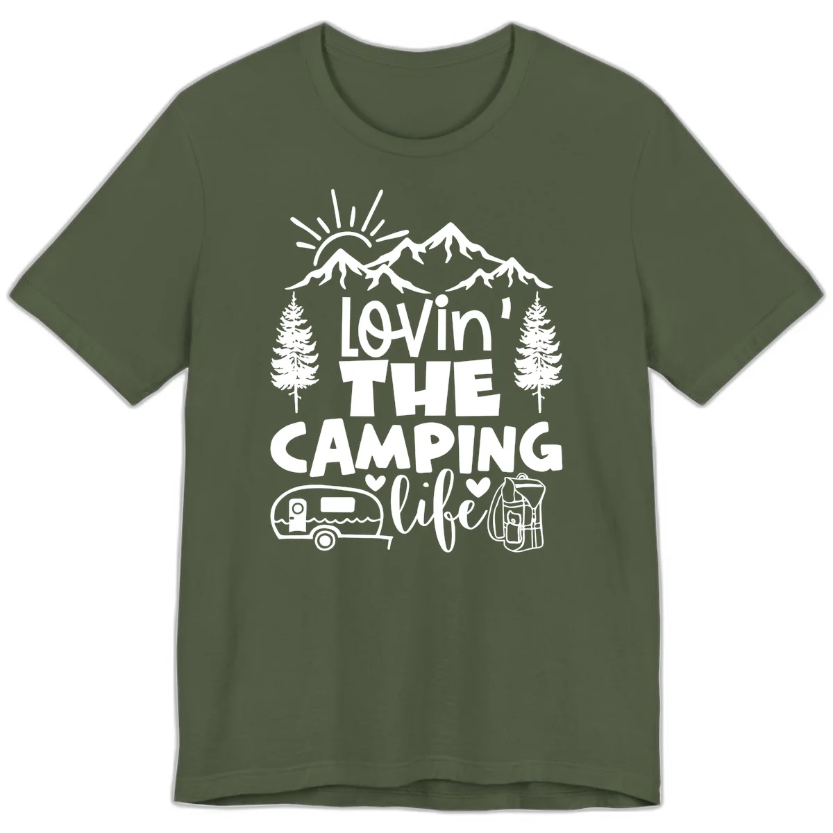 Lovin camping life design with mountains, sun, trees, RV and backpack on gray background in Military Green
