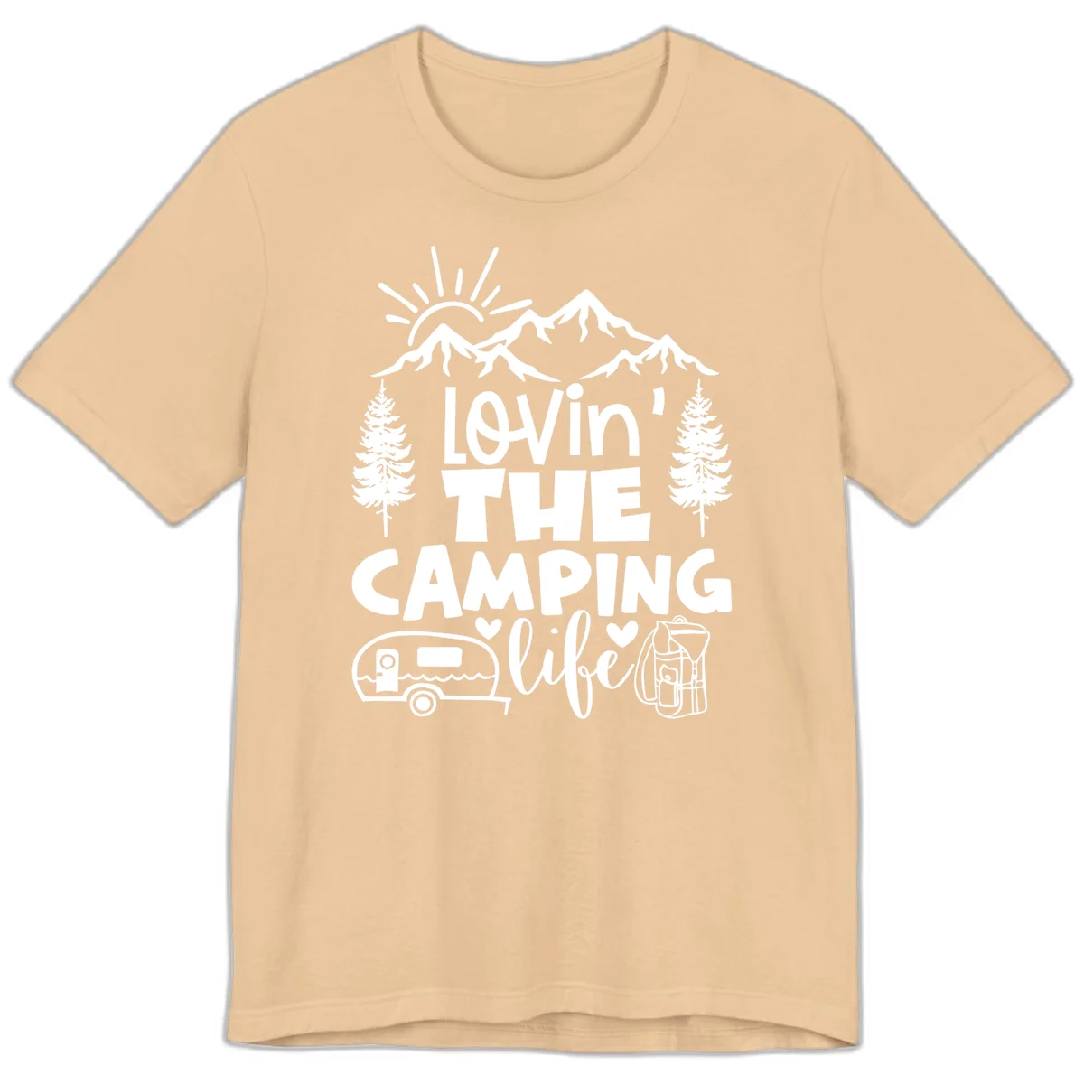 Lovin camping life design with mountains, sun, trees, RV and backpack on gray background in Sand Dune