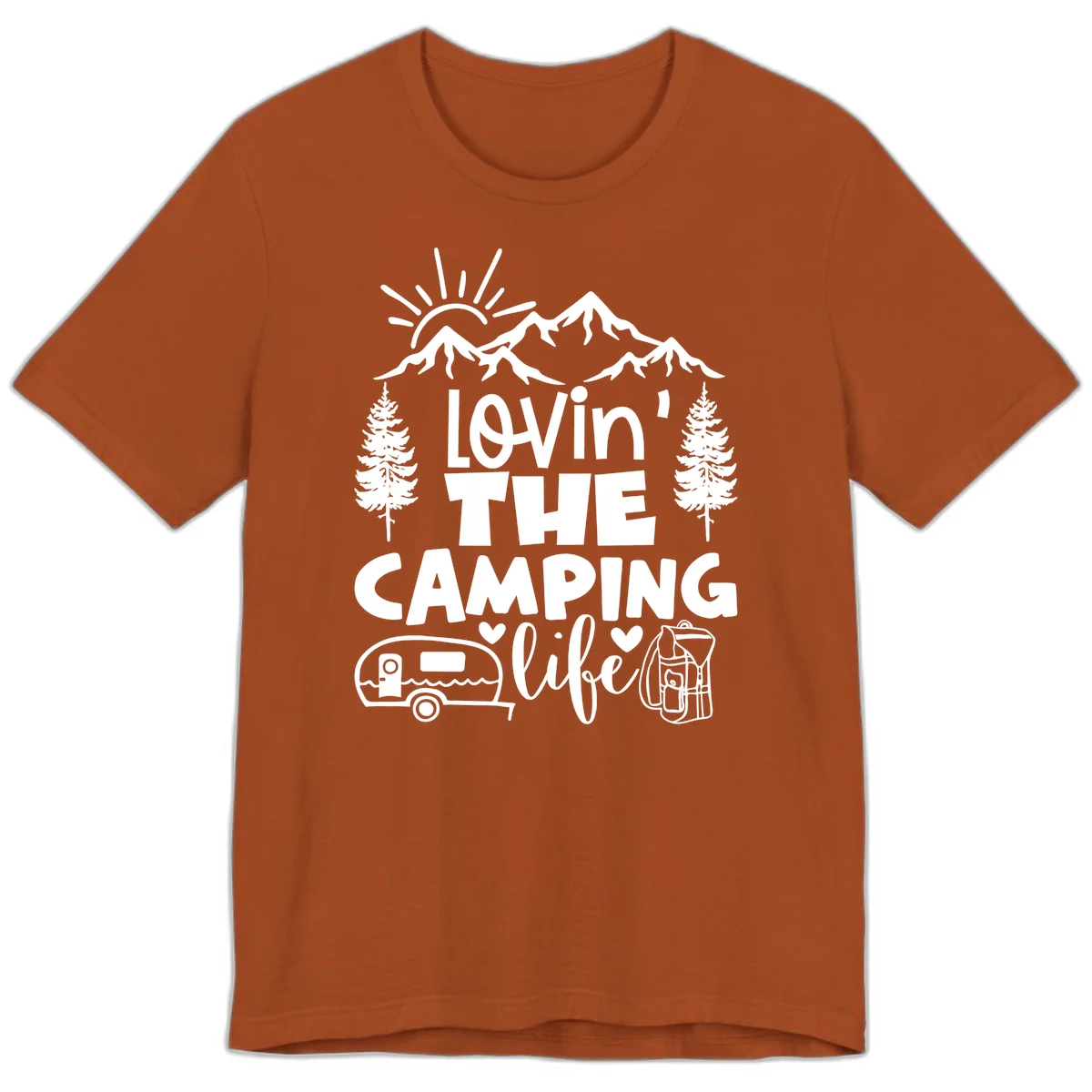 Lovin camping life design with mountains, sun, trees, RV and backpack on gray background in Autumn