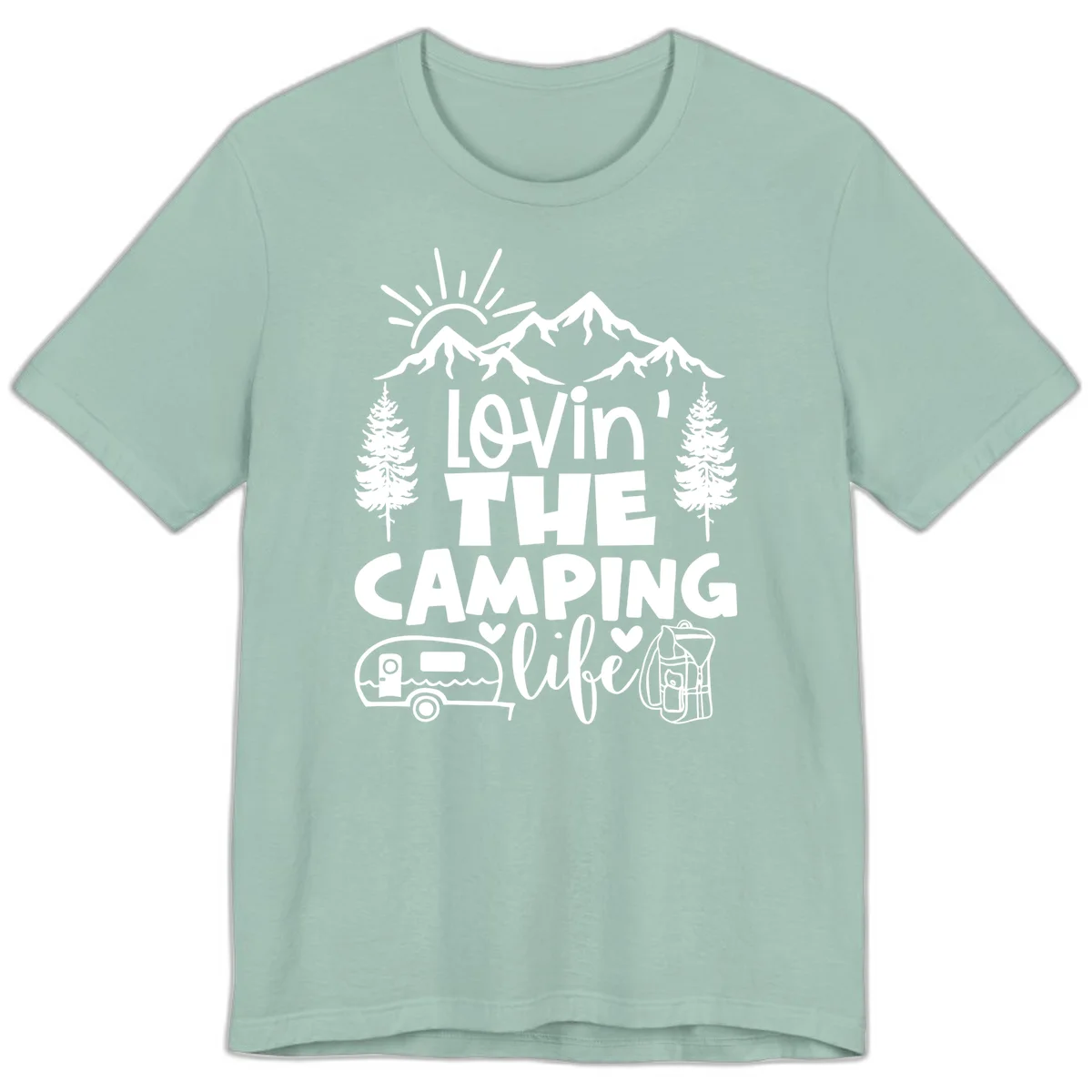 Lovin camping life design with mountains, sun, trees, RV and backpack on gray background in Dusty Blue