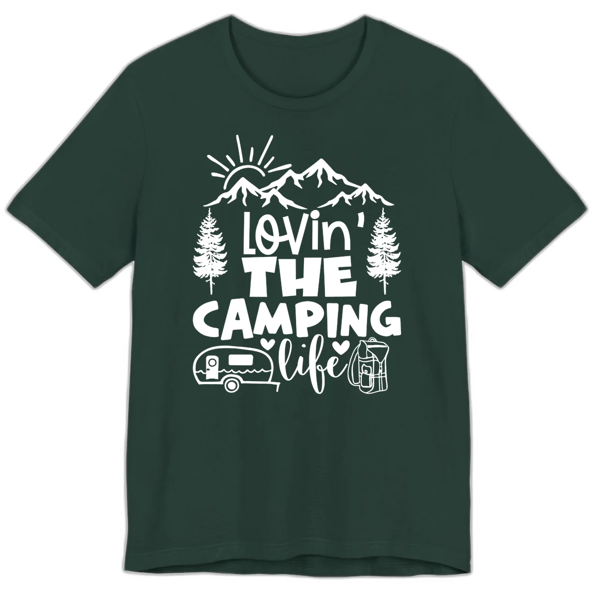 Lovin camping life design with mountains, sun, trees, RV and backpack on gray background in Forest