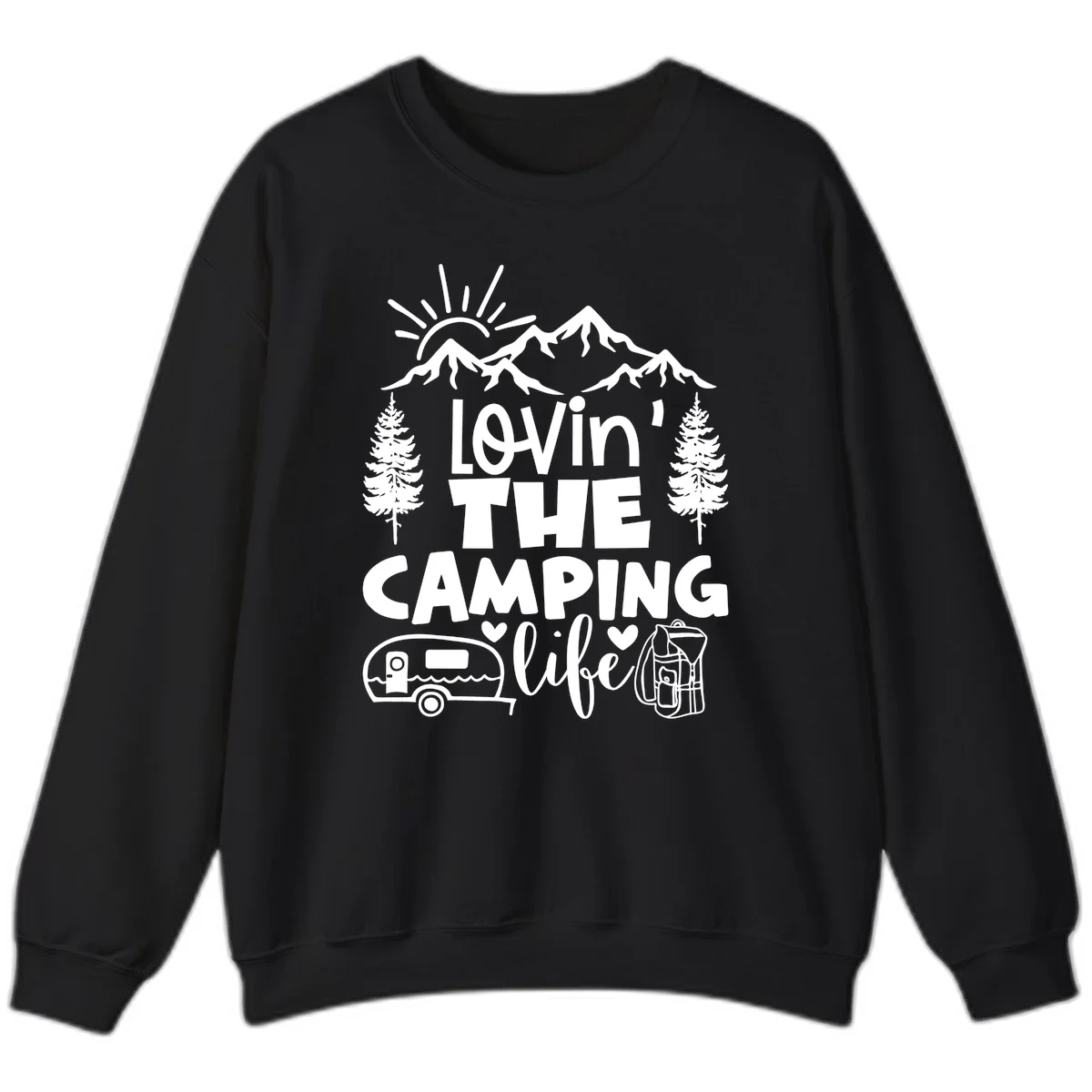 Lovin camping life design with mountains, sun, trees, RV and backpack on gray background in Black