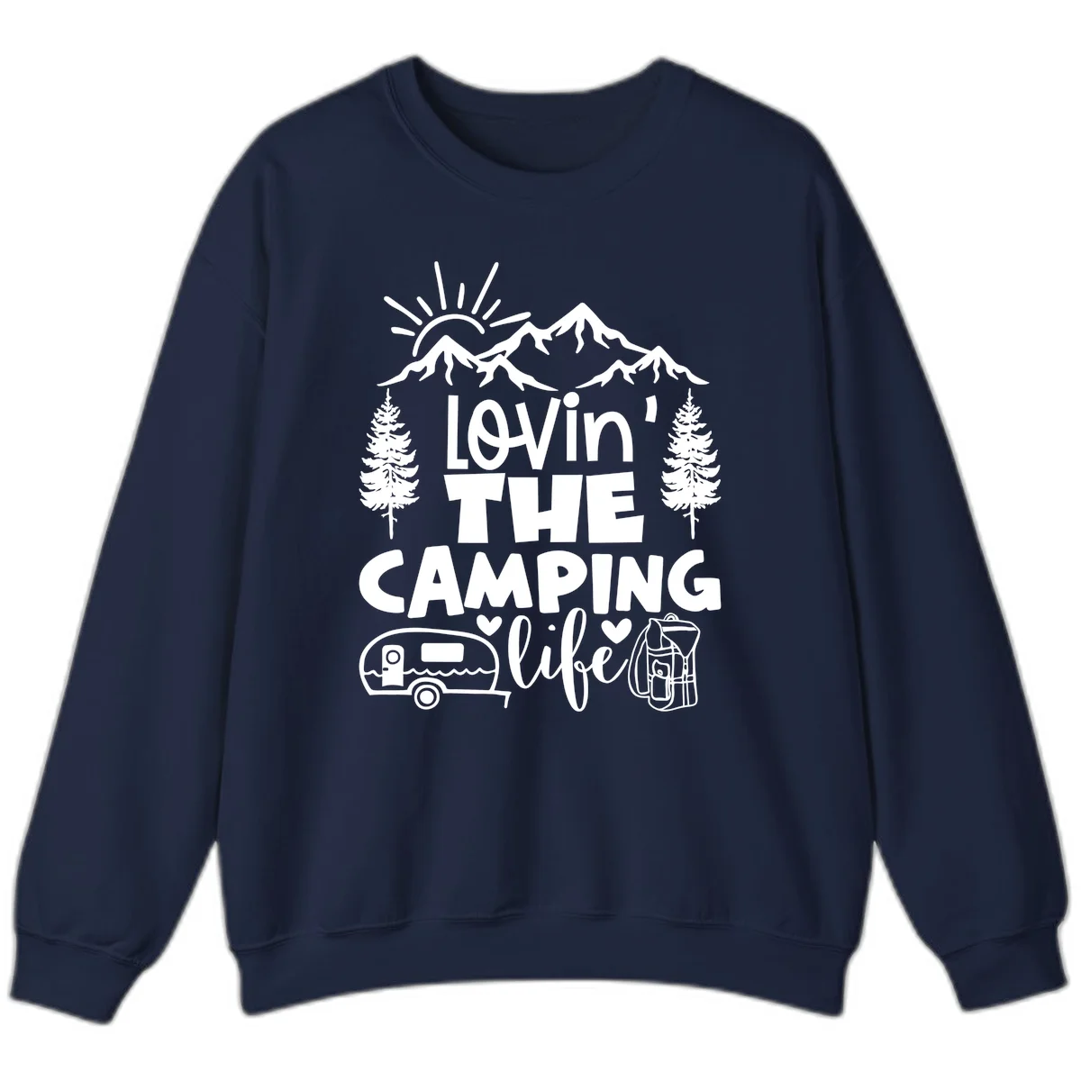 Lovin camping life design with mountains, sun, trees, RV and backpack on gray background in Navy
