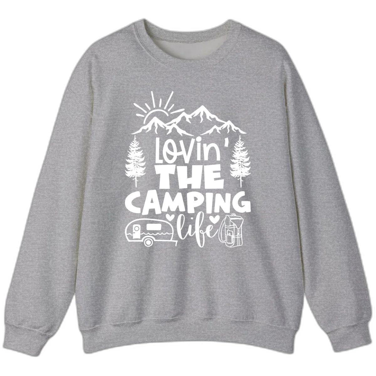 Lovin camping life design with mountains, sun, trees, RV and backpack on gray background in Sport Grey