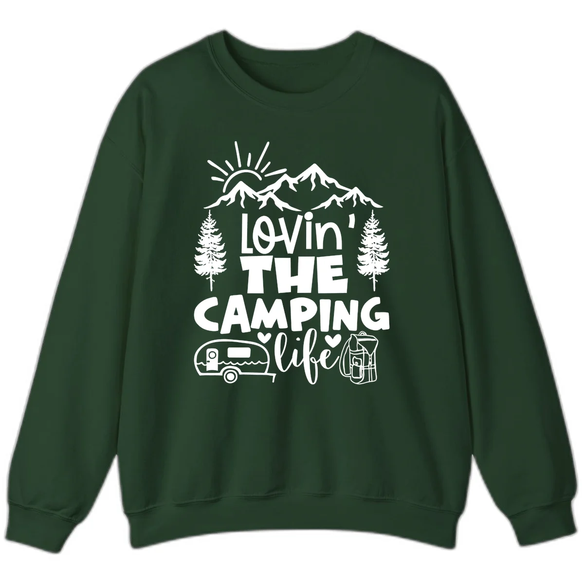 Lovin camping life design with mountains, sun, trees, RV and backpack on gray background in Forest Green