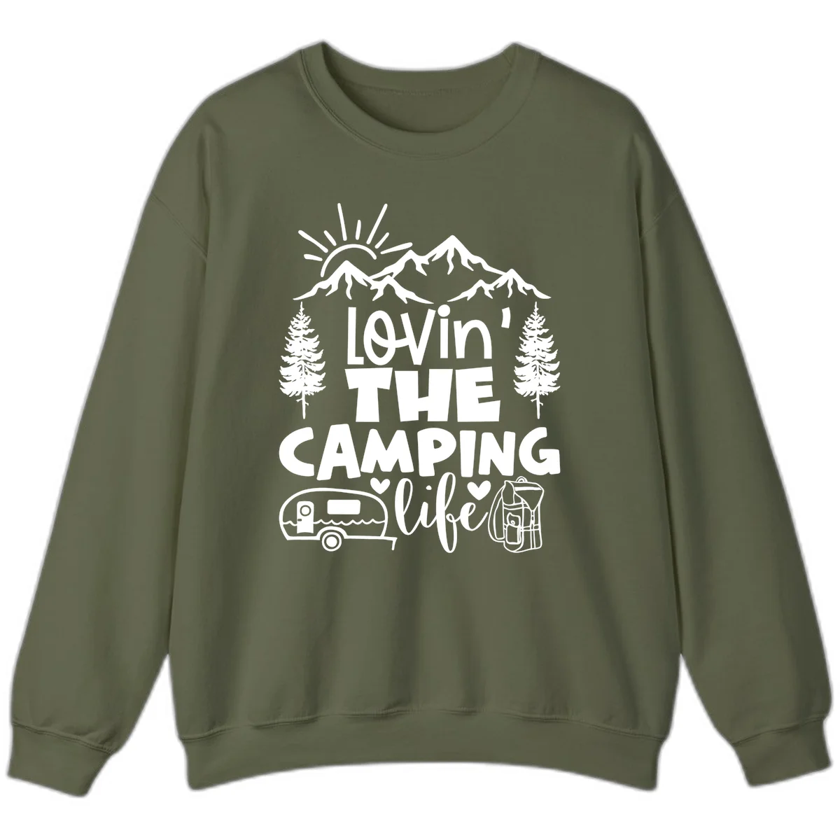 Lovin camping life design with mountains, sun, trees, RV and backpack on gray background in Military Green