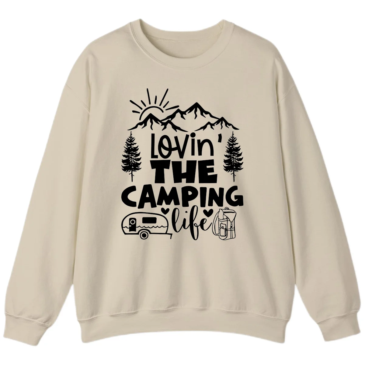 Lovin camping life design with mountains, sun, trees, RV and backpack on gray background in Sand