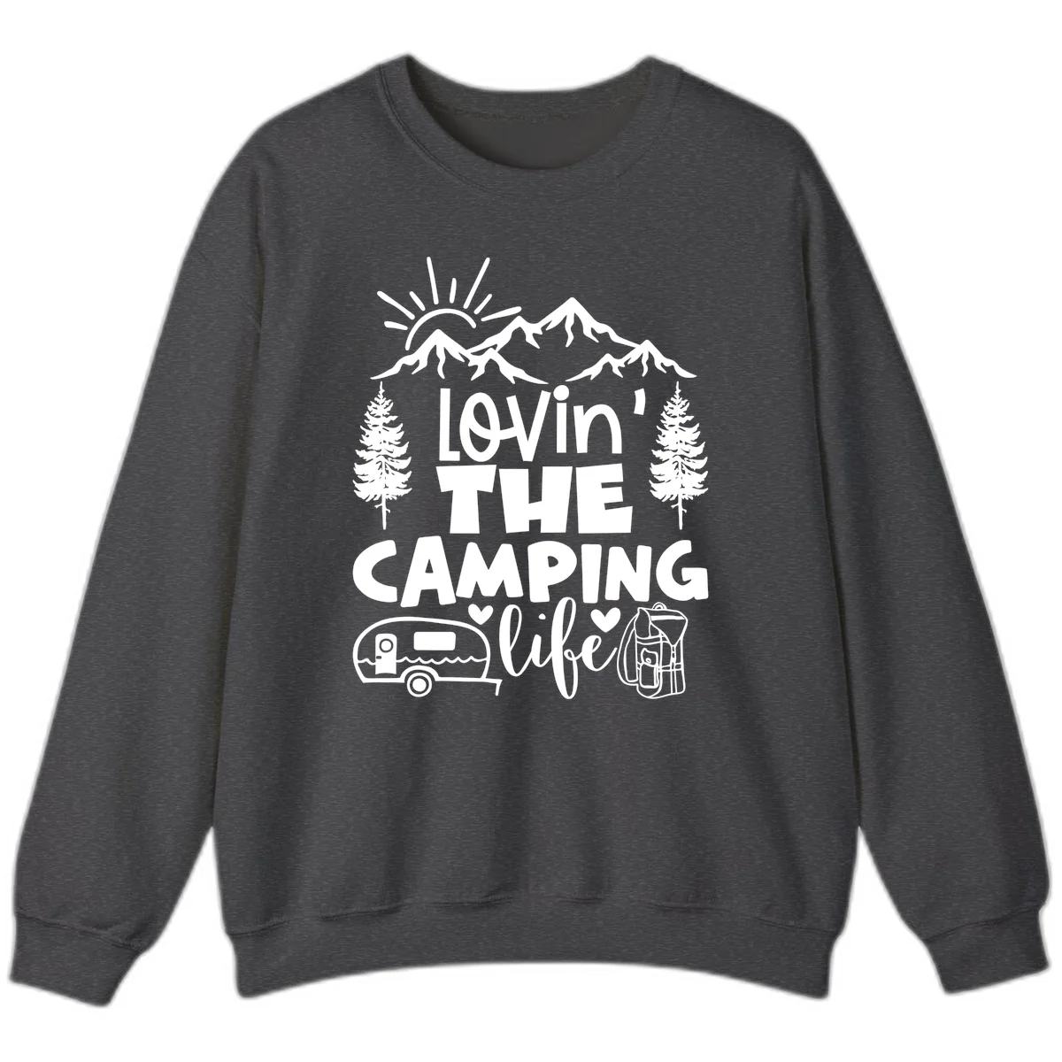 Lovin camping life design with mountains, sun, trees, RV and backpack on gray background in Dark Heather
