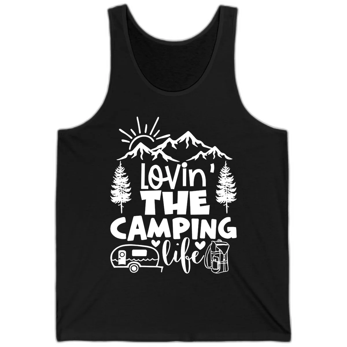 Lovin camping life design with mountains, sun, trees, RV and backpack on gray background in Black