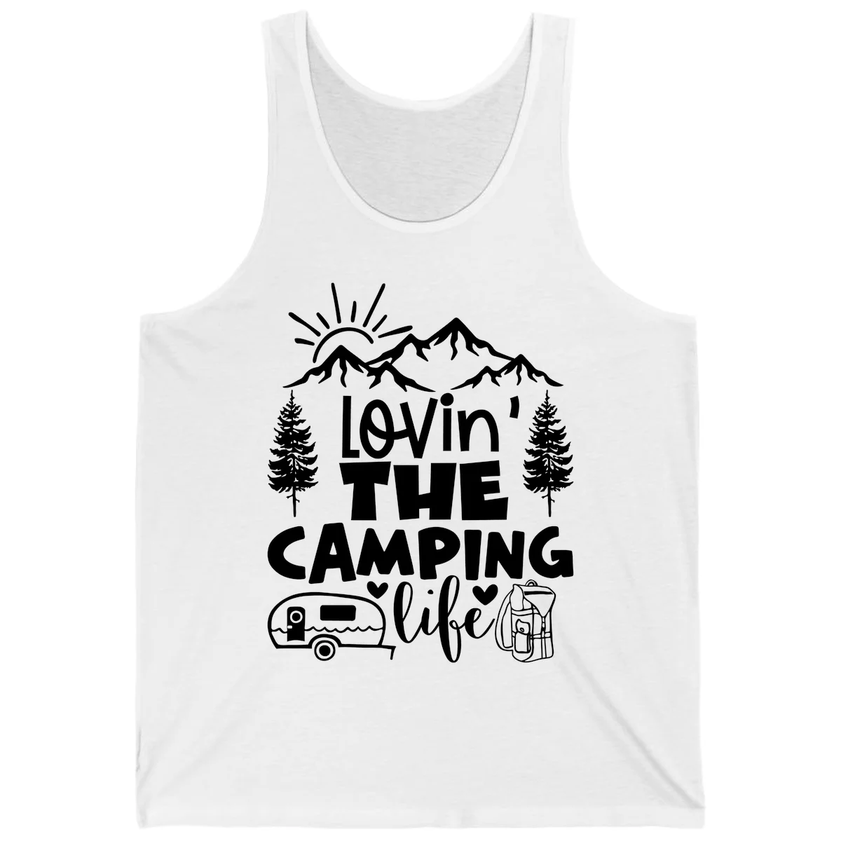 Lovin camping life design with mountains, sun, trees, RV and backpack on gray background in White