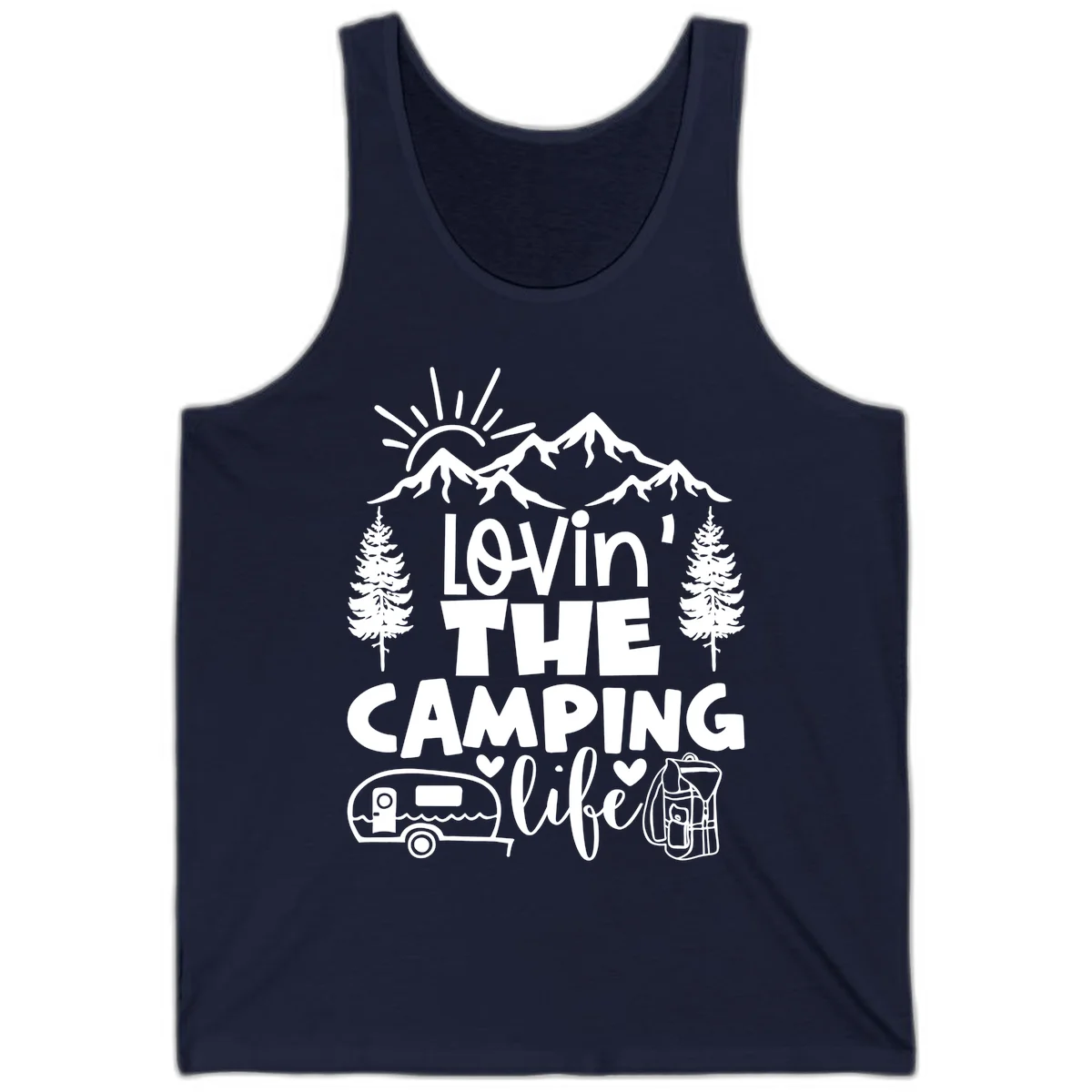 Lovin camping life design with mountains, sun, trees, RV and backpack on gray background in Navy