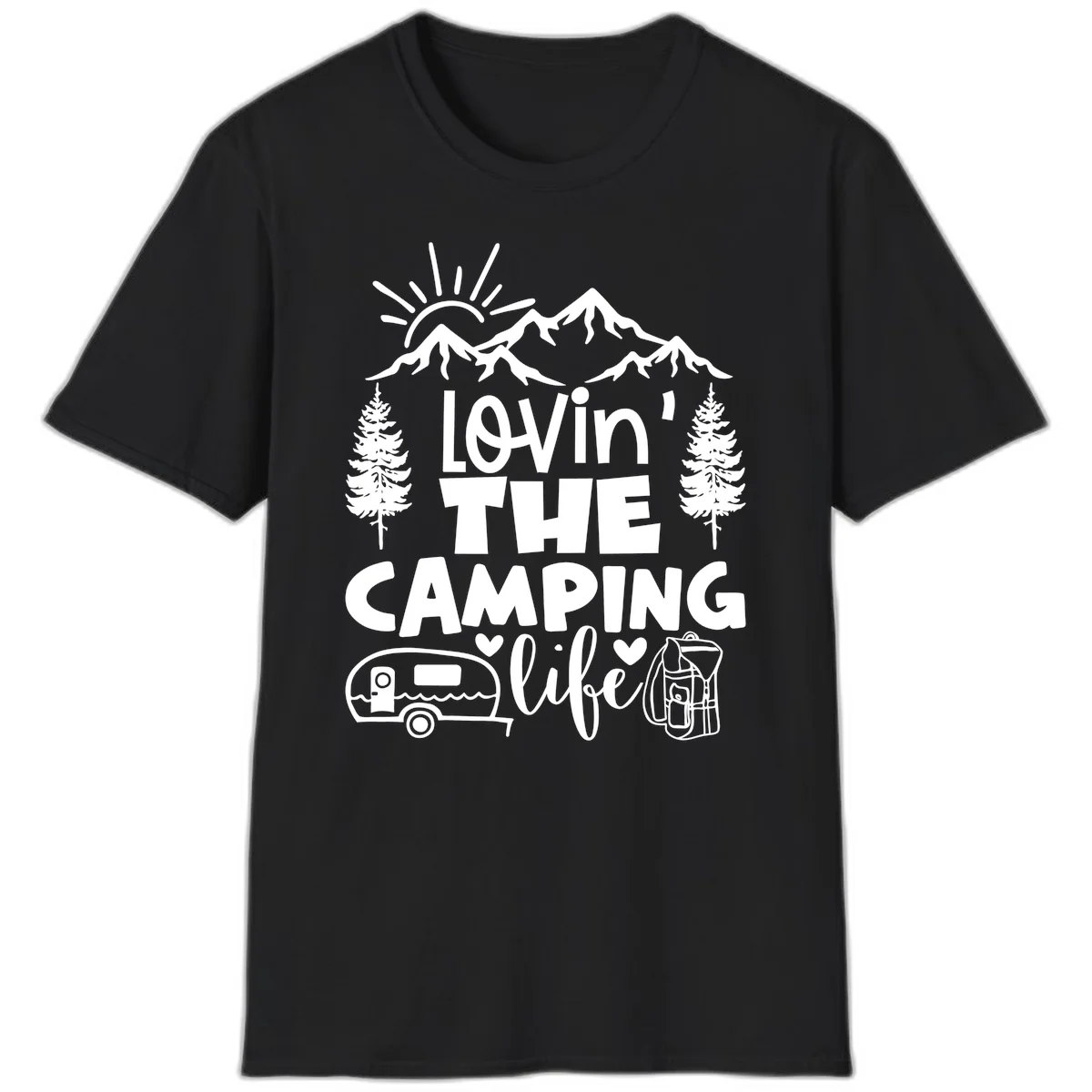 Lovin camping life design with mountains, sun, trees, RV and backpack on gray background in Black